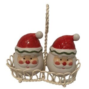 Vintage Ceramic Santa Claus Salt & Pepper Shaker Set in Basket